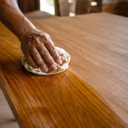 Hand-finishing a teak surface with natural oil
