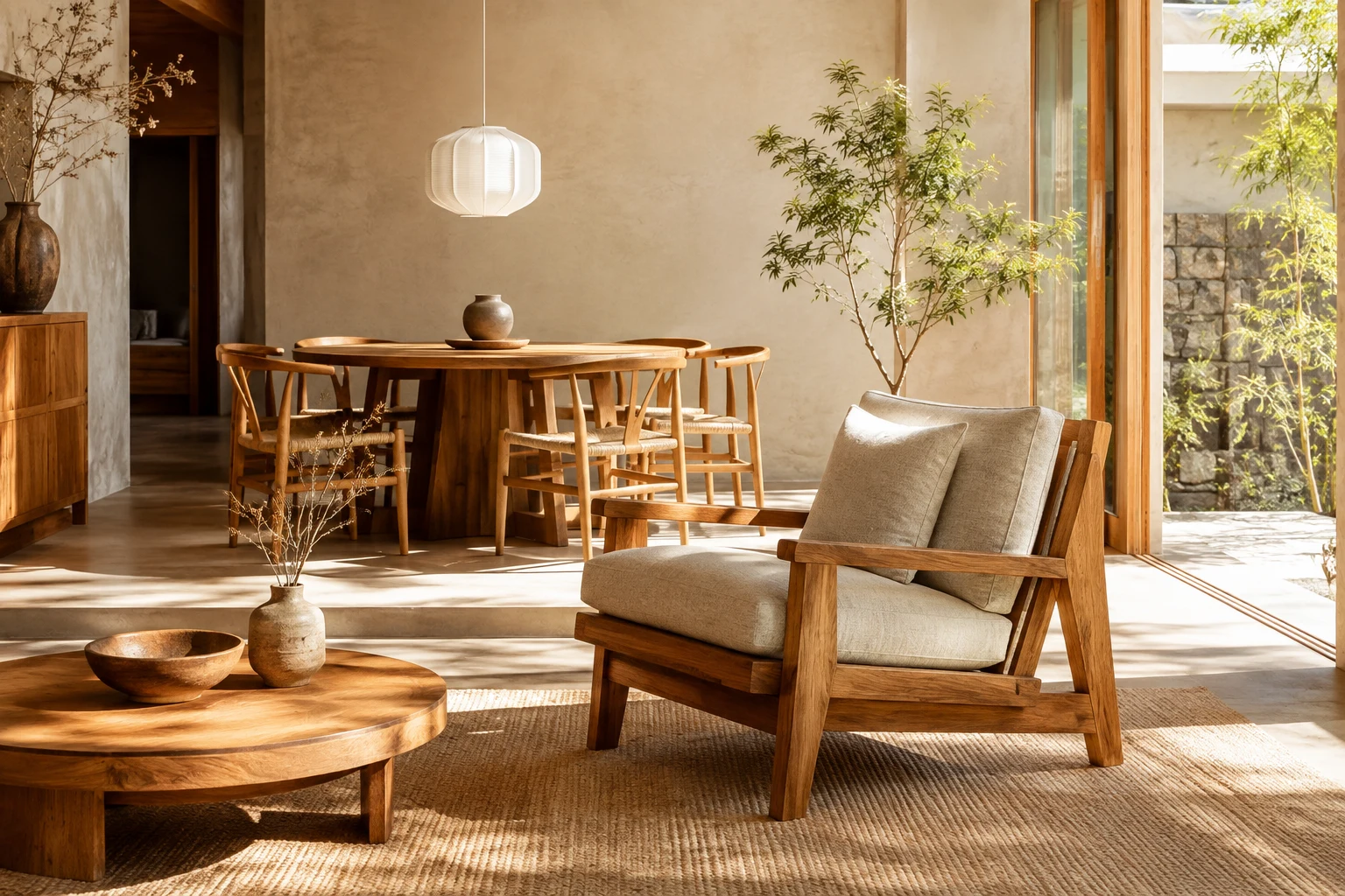 Warm sunlight falling across teak furniture in a calm interior