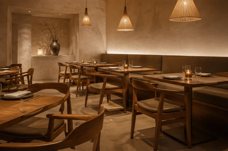 Restaurant with repeated teak tables and chairs